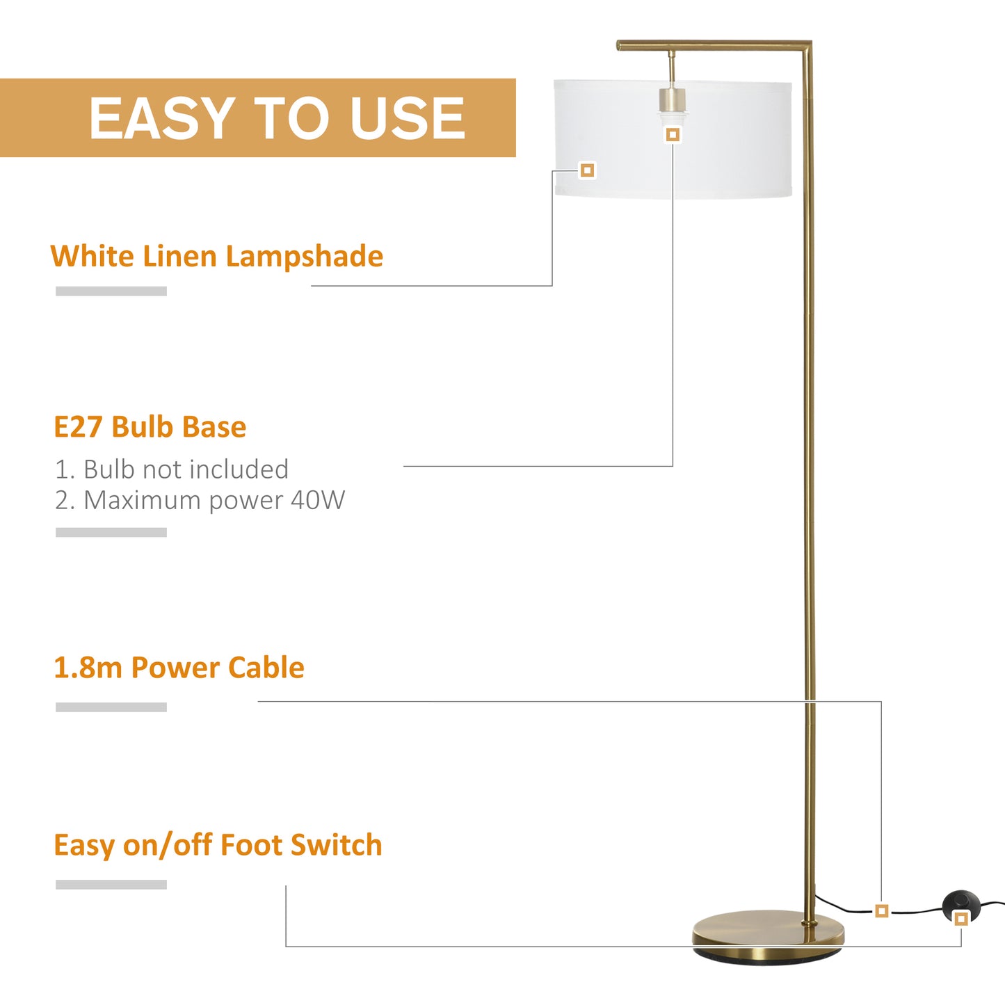 HOMCOM Floor Lamp, Modern Standing Light with Linen Lampshade, Round Base for Living Room, Bedroom, Dining Room, Gold and White