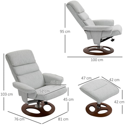 HOMCOM Recliner Chair Ottoman Set 360° Swivel Sofa Stool Modern Soft Thick Padding Wood Base Grey