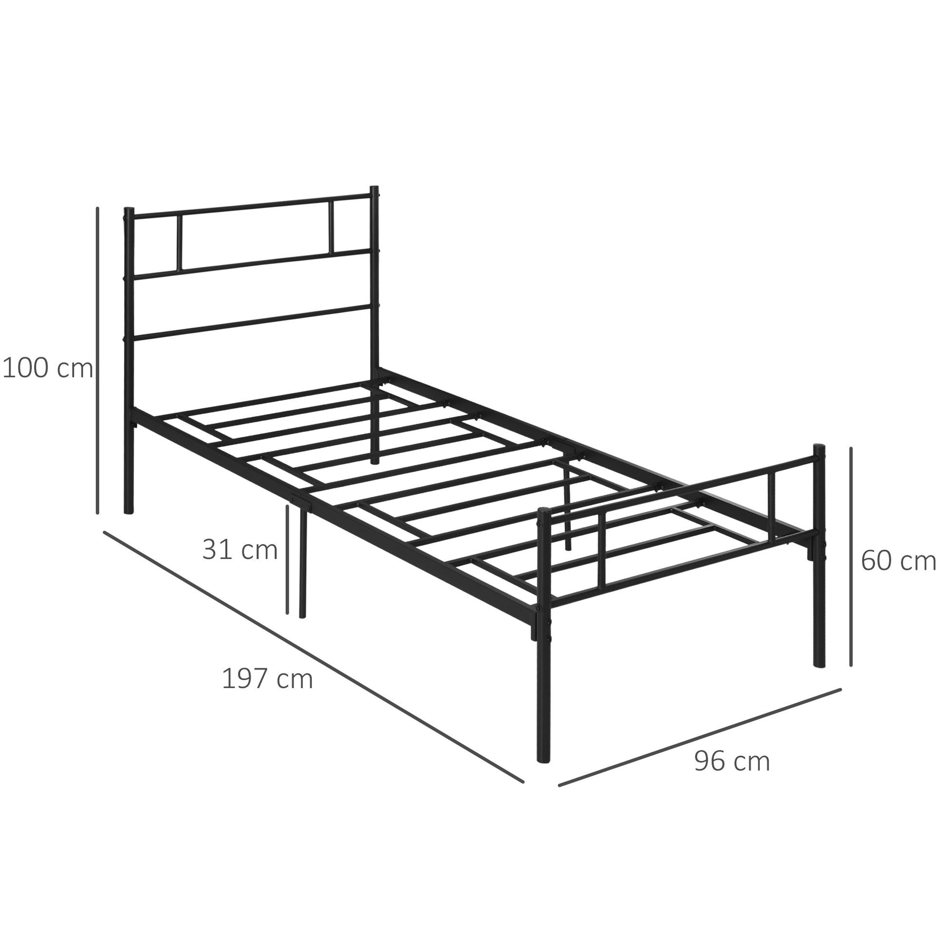 HOMCOM Single Metal Bed Frame Solid Bedstead Base with Headboard and Footboard, Metal Slat Support and Underbed Storage Space, Bedroom Furniture