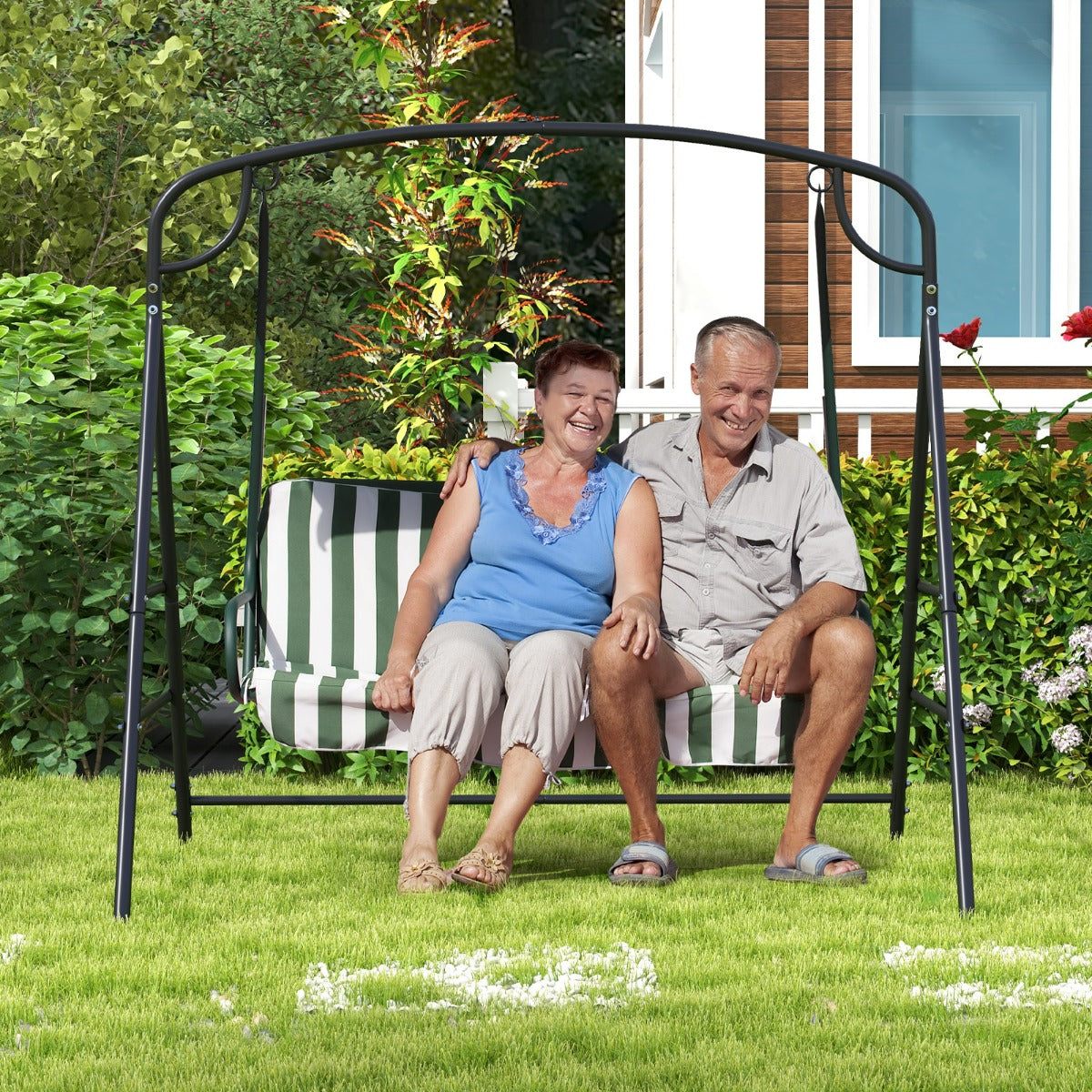 Patio Metal Swing Stand with Double Side Bars and 2-Ring Design-Black