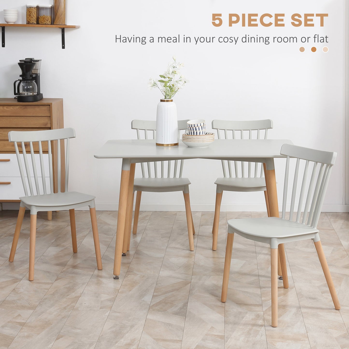 HOMCOM 5 Piece Dining Table Set with Beech Wood Legs, Space Saving Table and 4 Chairs for Small Kitchens, Grey