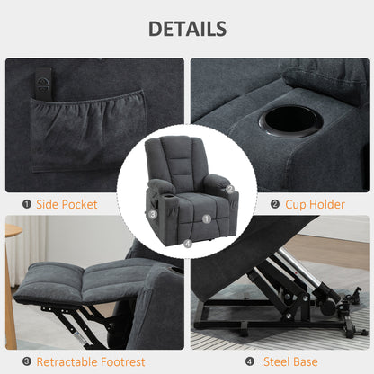 HOMCOM Oversized Riser and Recliner Chairs for the Elderly, Fabric Upholstered Lift for Living Room with Remote Control Side Pockets Cup Holder Grey