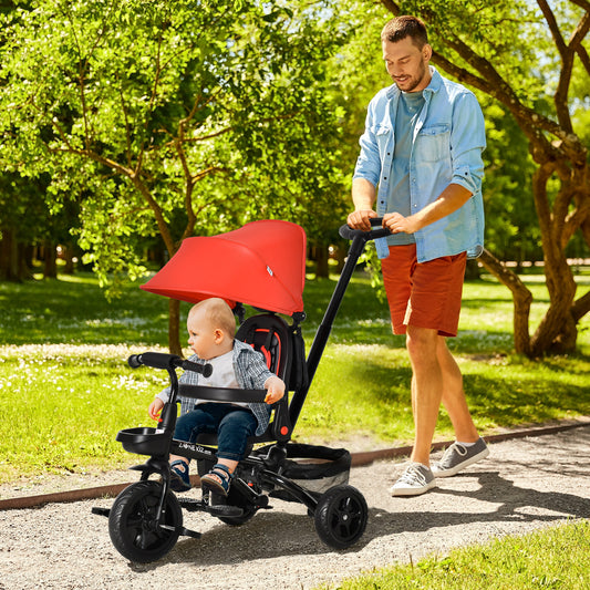 HOMCOM 4 in 1 Tricycle 3 Wheels Pushchair Toddler Stroller Foldable Pedal Trike w/ Reversible Angle Adjustable Seat for 1-5 Years, Red