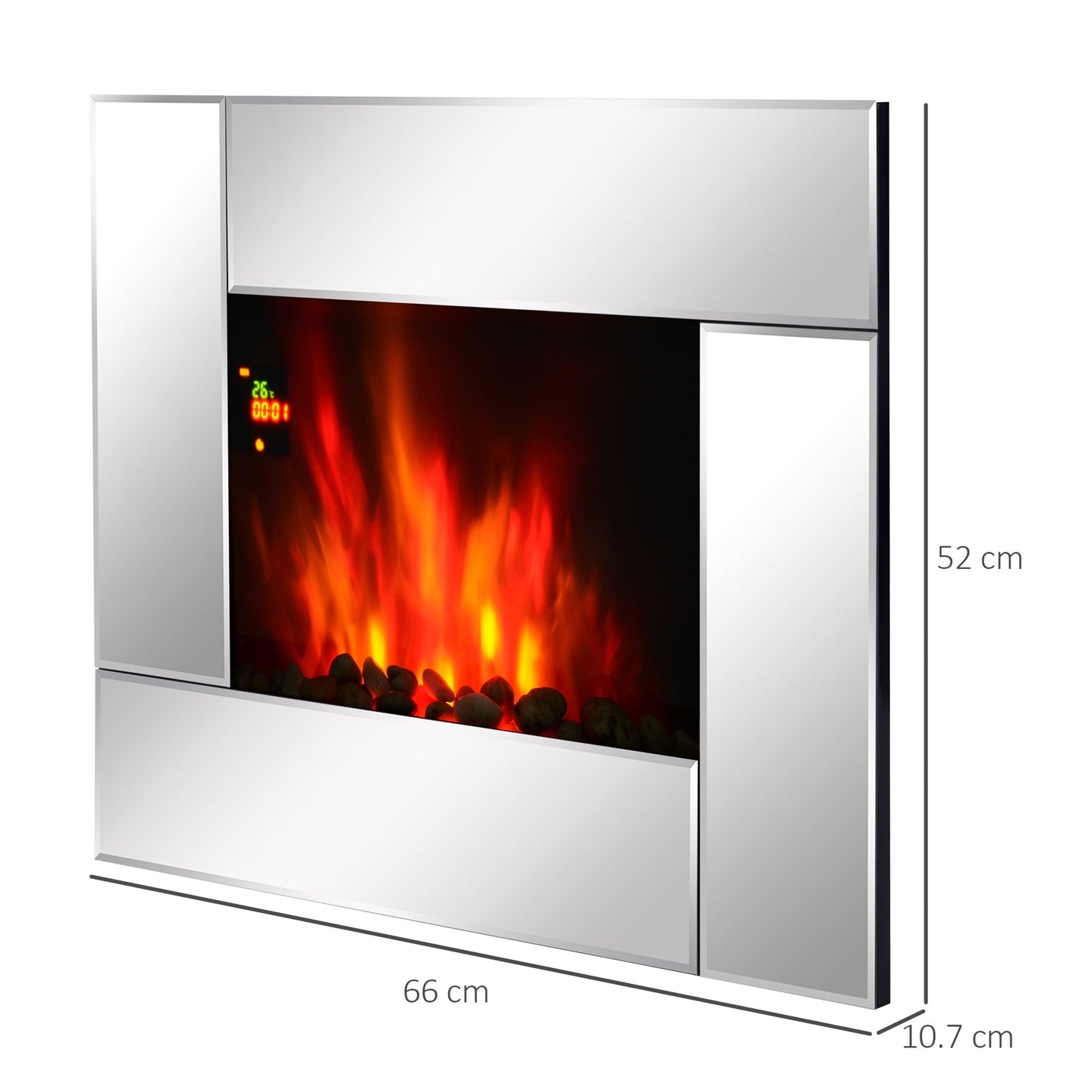 HOMCOM 1800W Wall Mounted Electric Fireplace Heater 7 Coloured LED Light Fire Glass Screen with Pebble Effect & Remote Control