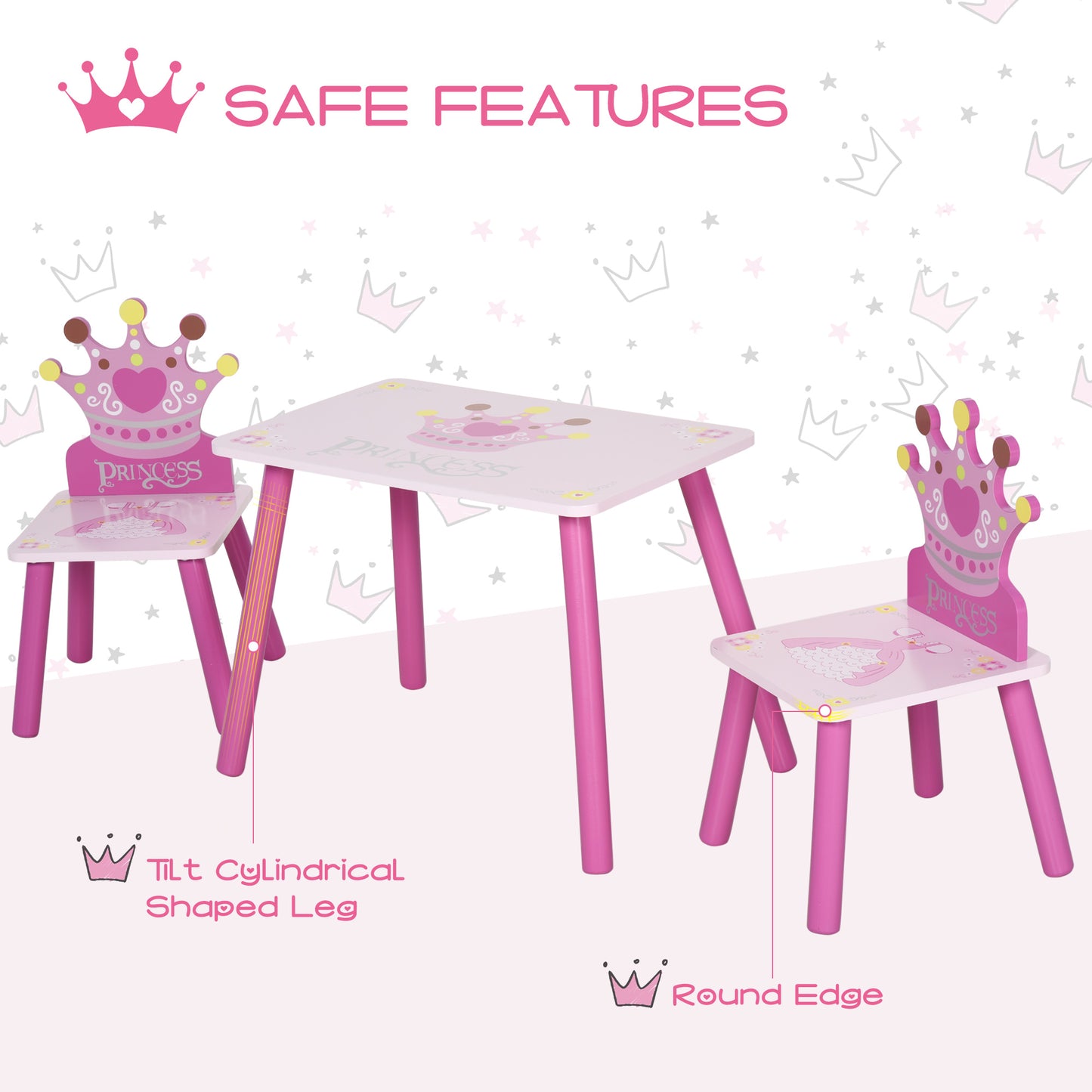 HOMCOM 3-Piece Set Kids Wooden Table Chair with Crown Pattern Easy to Clean Gift for Girls Toddlers Age 3 to 8 Years Old Pink