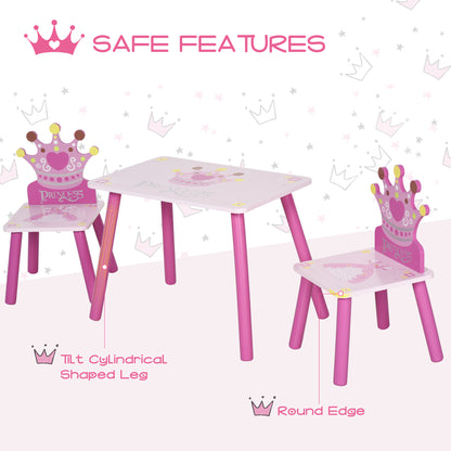 HOMCOM 3-Piece Set Kids Wooden Table Chair with Crown Pattern Easy to Clean Gift for Girls Toddlers Age 3 to 8 Years Old Pink