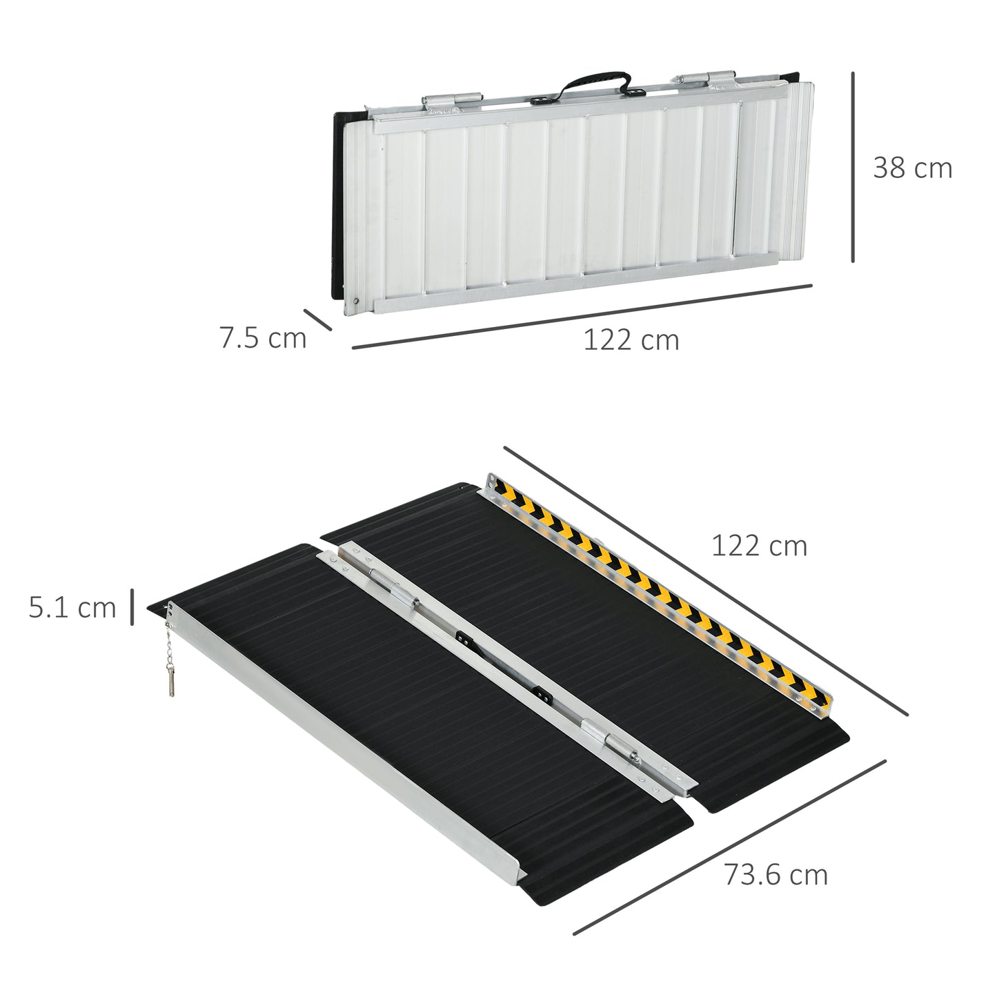 HOMCOM Wheelchair Ramp, 122L x 73Wcm, 272KG Capacity, Folding Aluminium Threshold Ramp w/ Non-Skid Surface, Transition Plates Above & Below