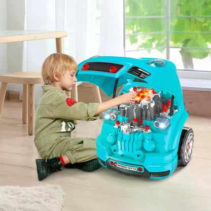 HOMCOM Kids Truck Engine Toy Set, Educational Car Service Station Playset, Take Apart Workshop, w/ Steering Wheel, for 3-5 Years Old Teal Green