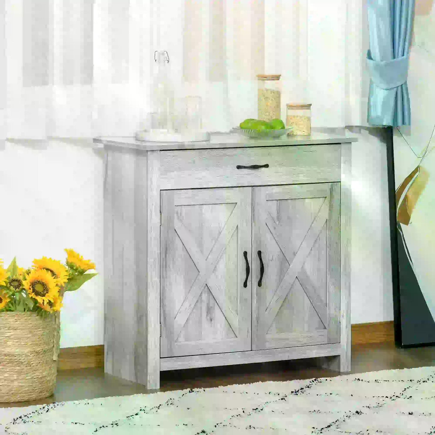 HOMCOM Farmhouse Barn Door Sideboard Storage Cabinet Coffee Bar for LIVING Room – Grey Grain