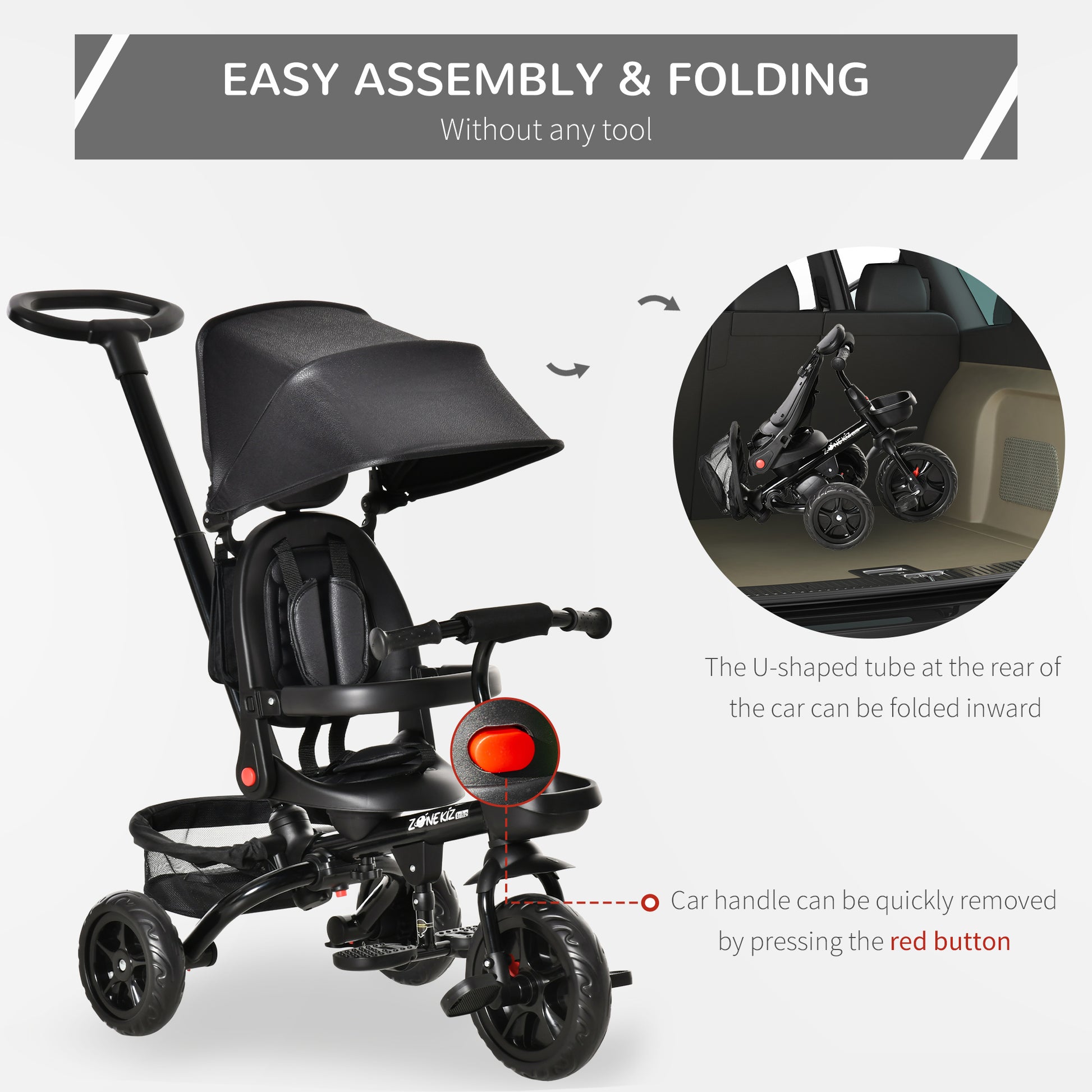 HOMCOM 4 in 1 Baby Tricycle Toddler Stroller Foldable Pedal Tricycle w/ Reversible Angle Adjustable Seat Removable for 1-5 Years - Black