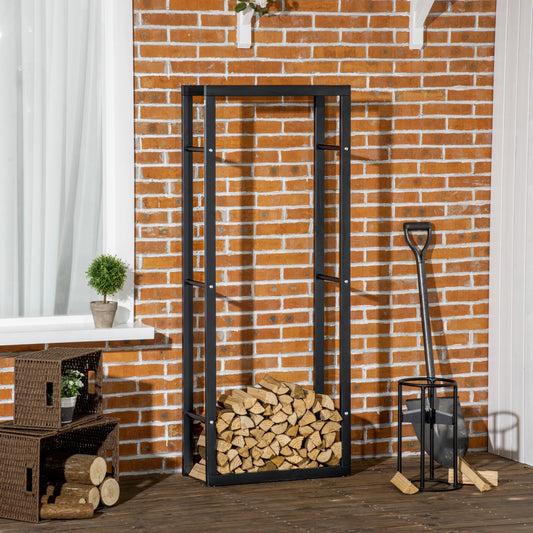 HOMCOM Metal Firewood Log Holder Tall Firewood Rack Indoor Outdoor Fireplace Wood Storage Shelf, Black, 60Wx25Dx150Hcm