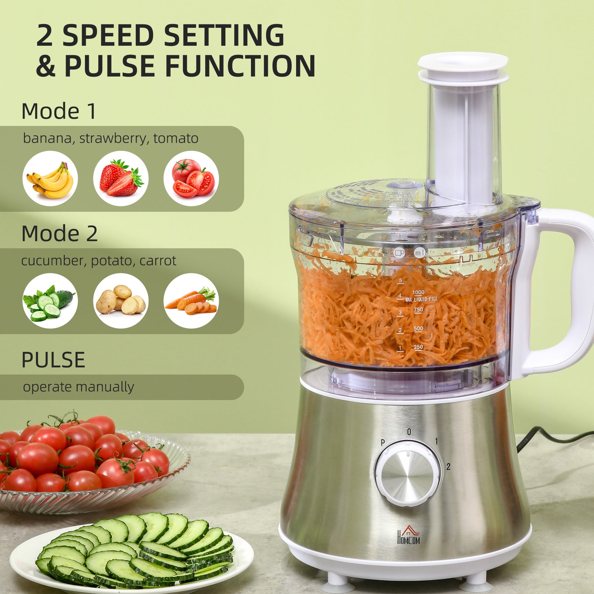 HOMCOM Food Processor with 1L Bowl, 1.5L Blender, Knife Blades, Reversible Slicing and Grating Discs, Adjustable Speed and Pulse, 500W