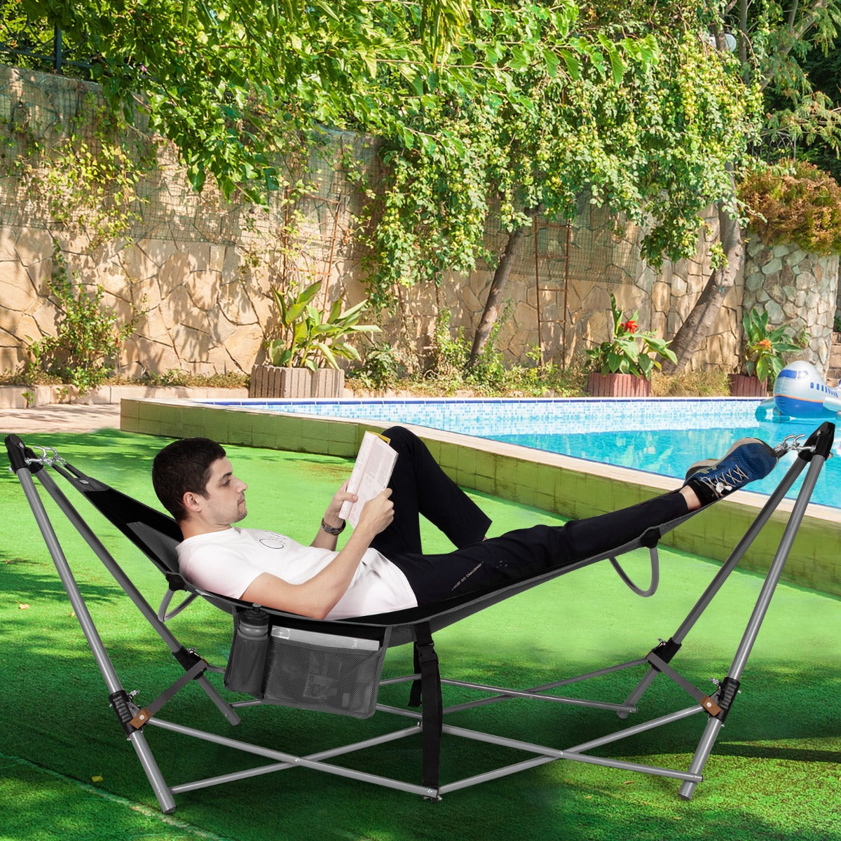 Folding Hammock with Carrying Bag for Patio &amp; Beach-Black