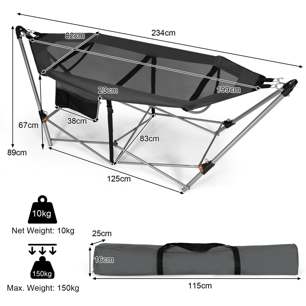 Portable Folding Hammock with Anti-Slip Buckle and Storage Pocket-Grey