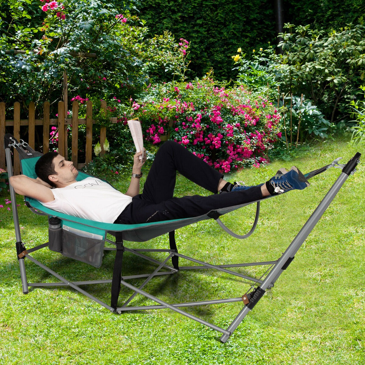 Portable Folding Hammock with Anti-Slip Buckle and Storage Pocket-Turquoise