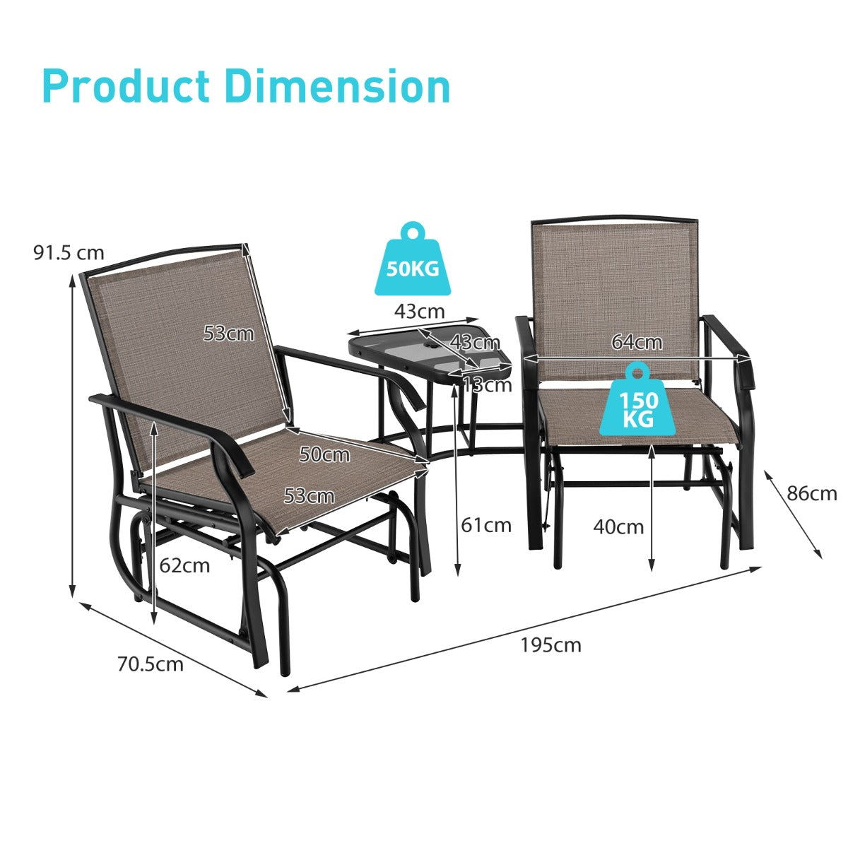 Outdoor Double Swing Glider Chair Set with Table and Umbrella Hole-Brown