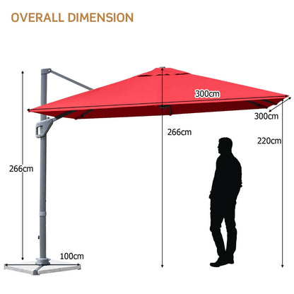 3m Patio Cantilever Umbrella with 4-Level Tilting Adjustment and Crank Handle-Red