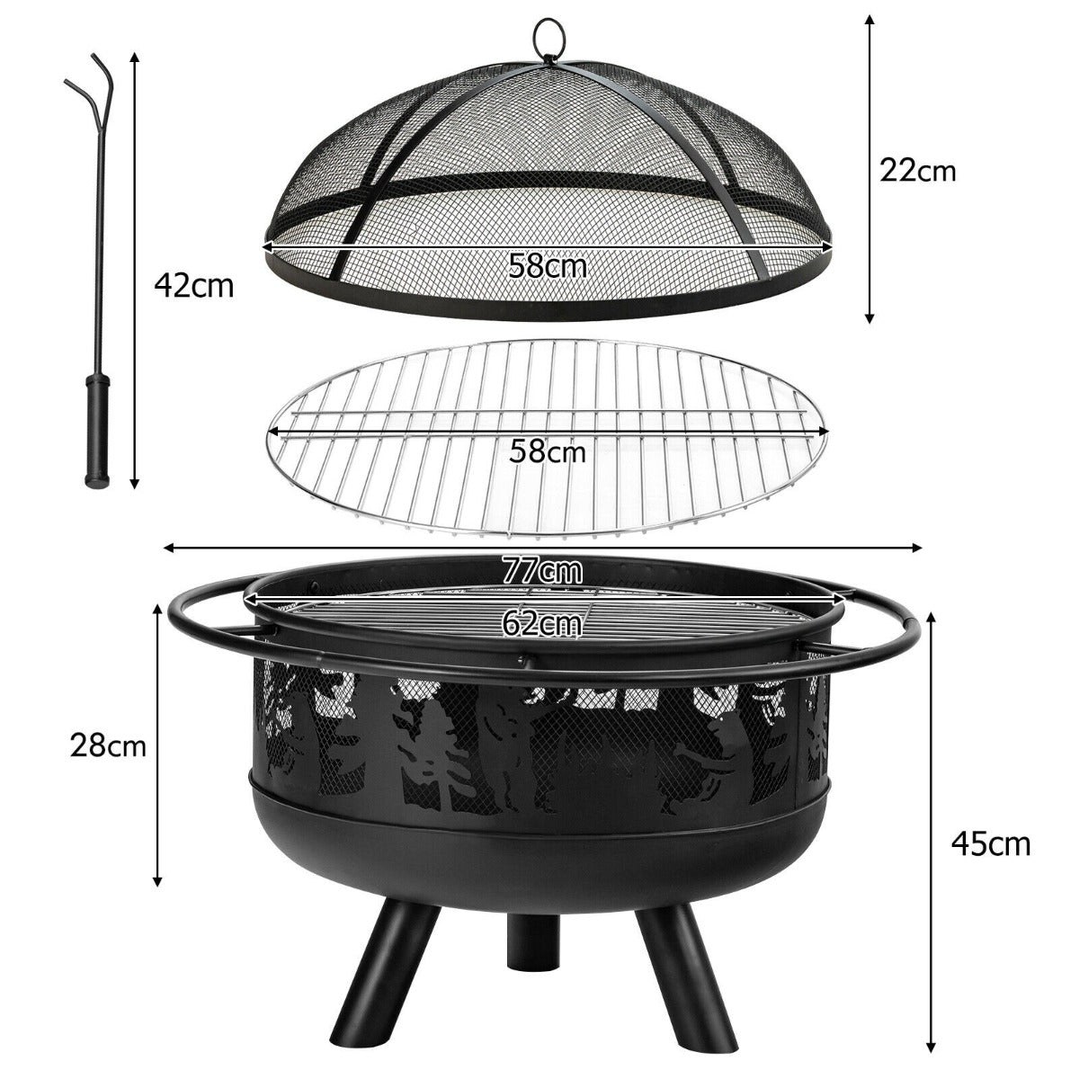 77CM Large Fire Pit Bowl with Cooking Grill and Spark Screen Cover