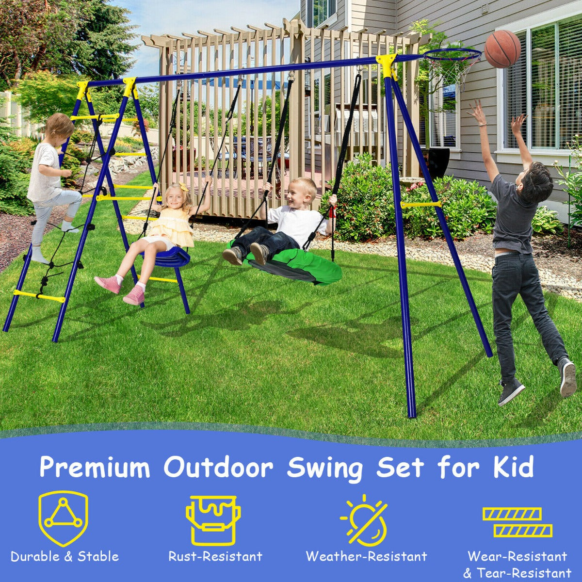 Kids Swing Set with Basketball Hoop and Climbing Ladder