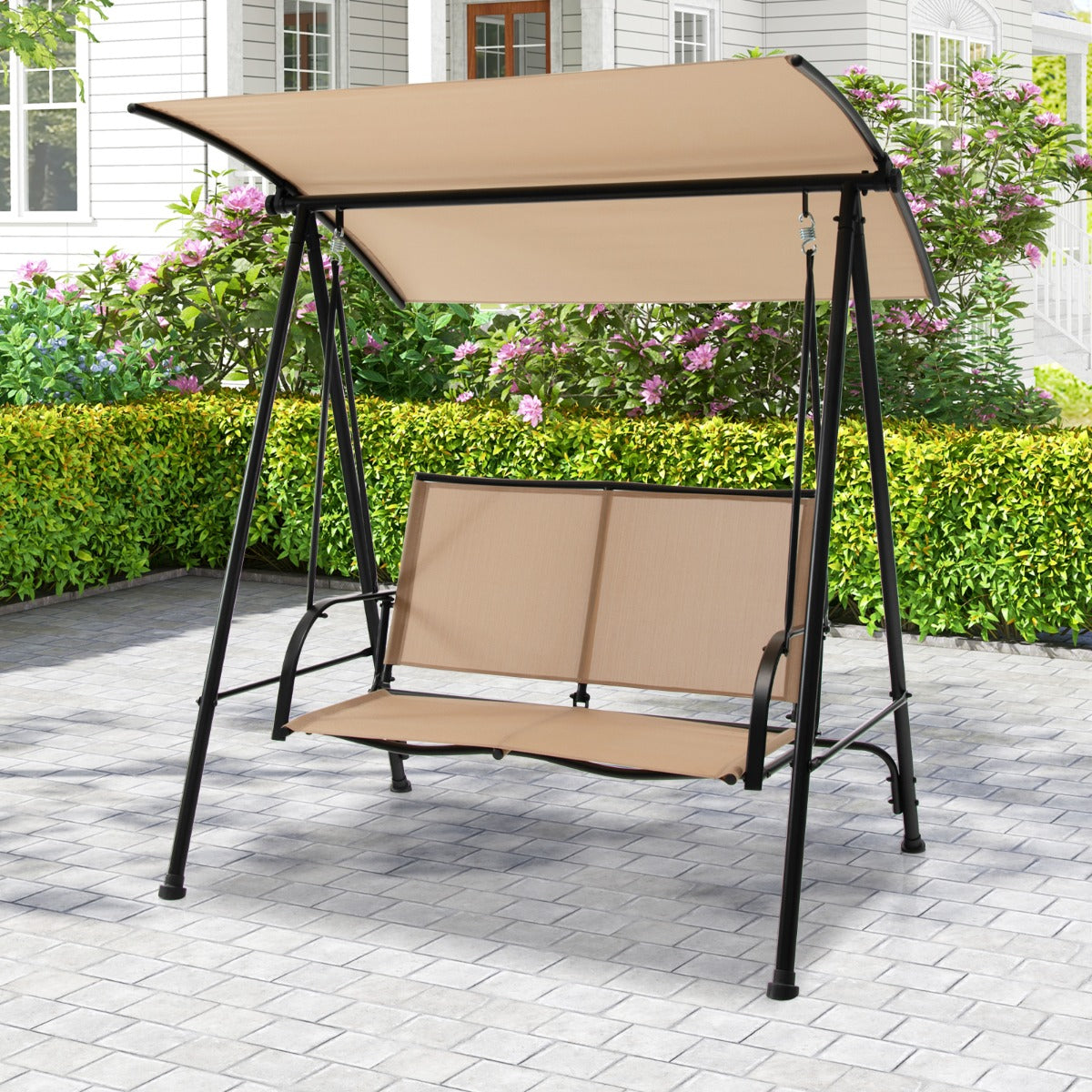 2-Seat Outdoor Swing with Adjustable Canopy-Beige