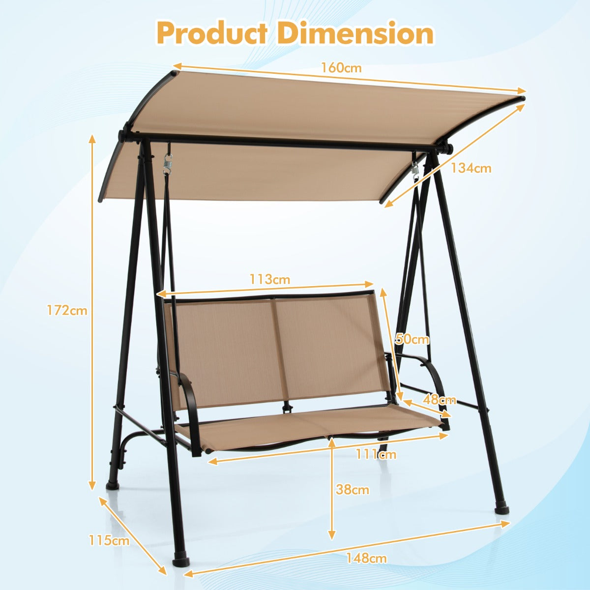 2-Seat Outdoor Swing with Adjustable Canopy-Beige