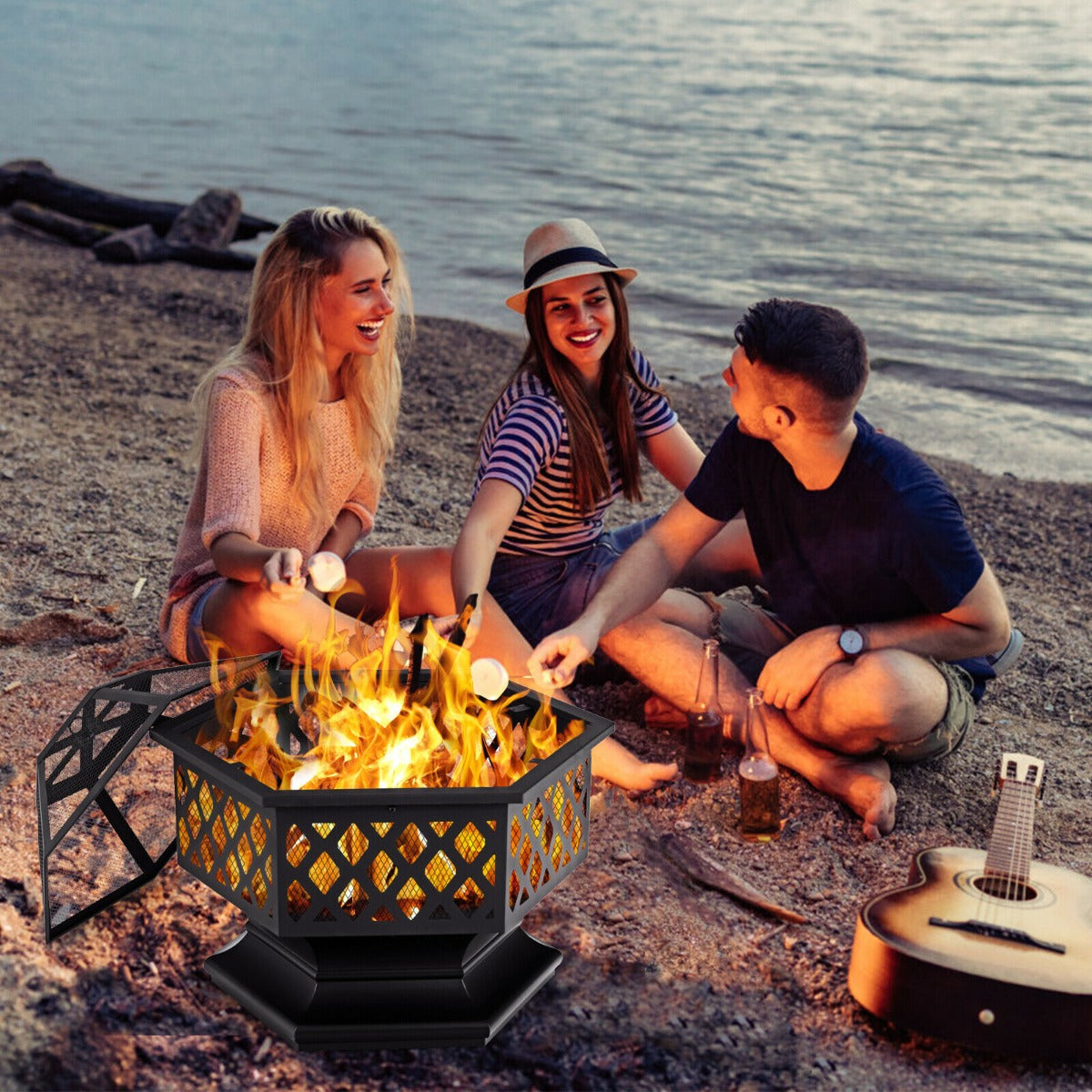 Hexagon Charcoal Metal Fire Pit with Fire Poker for Patio-Black