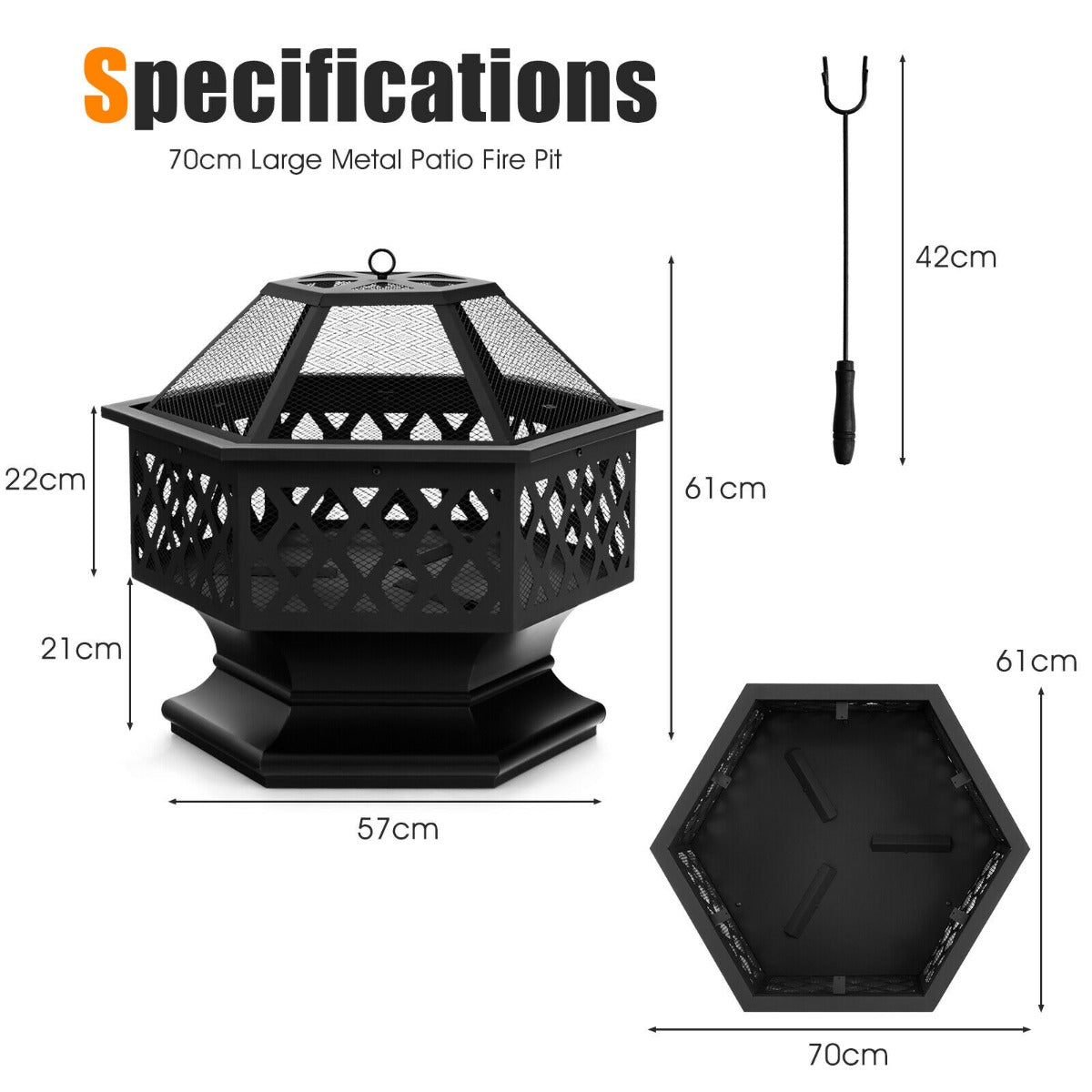 Hexagon Charcoal Metal Fire Pit with Fire Poker for Patio-Black