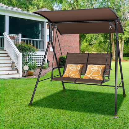 2 Seat Outdoor Porch Swing with Spring Hook and Soft Cushions-Brown