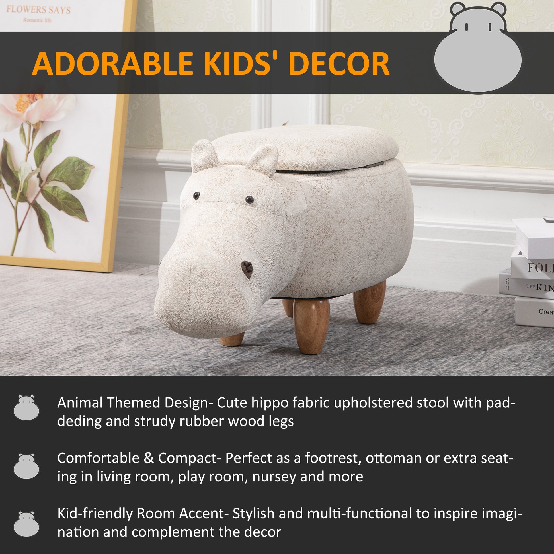 HOMCOM Hippo Storage Stool Cute Decoration Footrest Wood Frame Legs with Padding Lid Ottoman Animal Furniture Cream 36 x 65cm