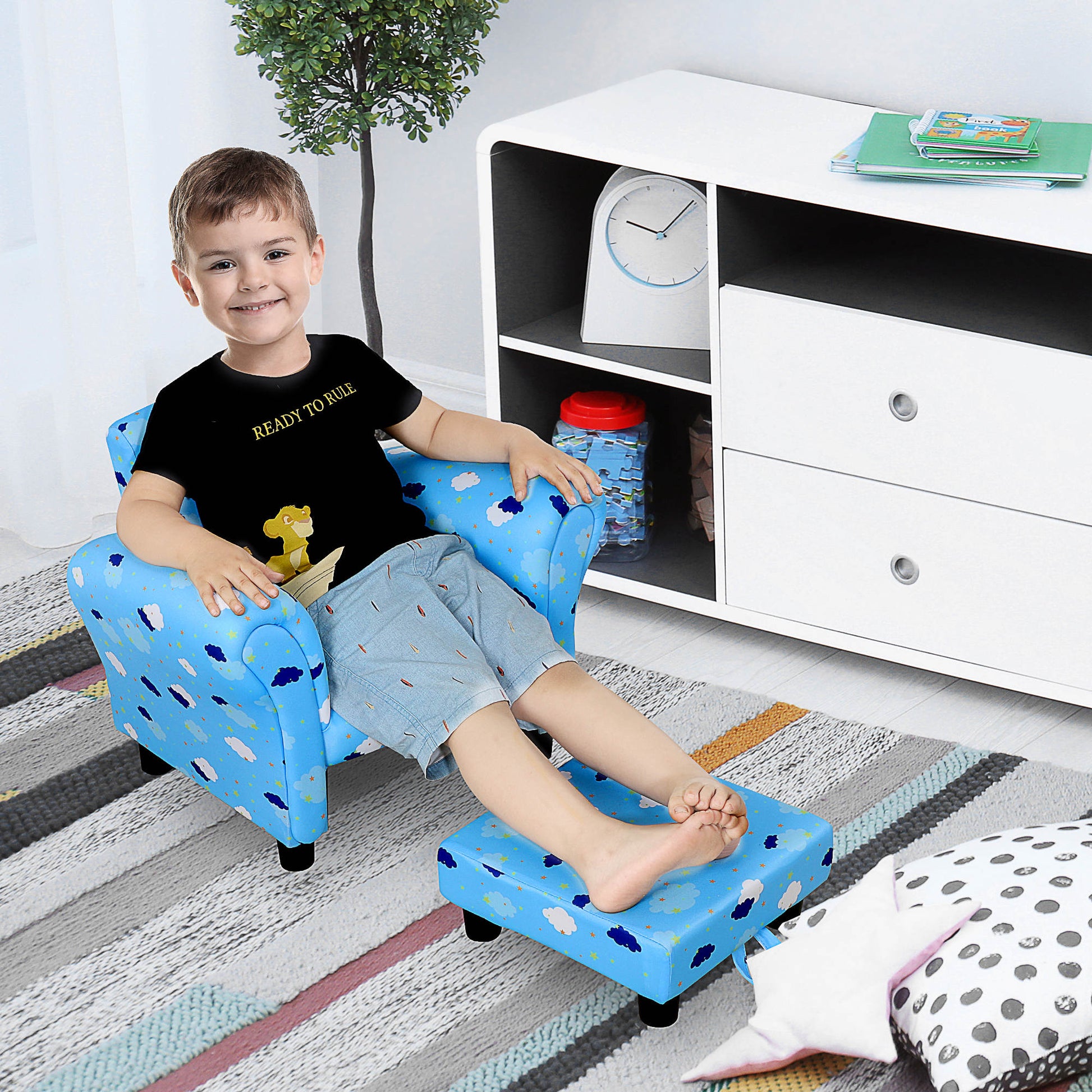 HOMCOM Childrens Sofa Mini Sofa Wood Frame w/ Footrest Anti-Slip Legs High Back Arms Bedroom Playroom Furniture Cute Cloud Star Blue