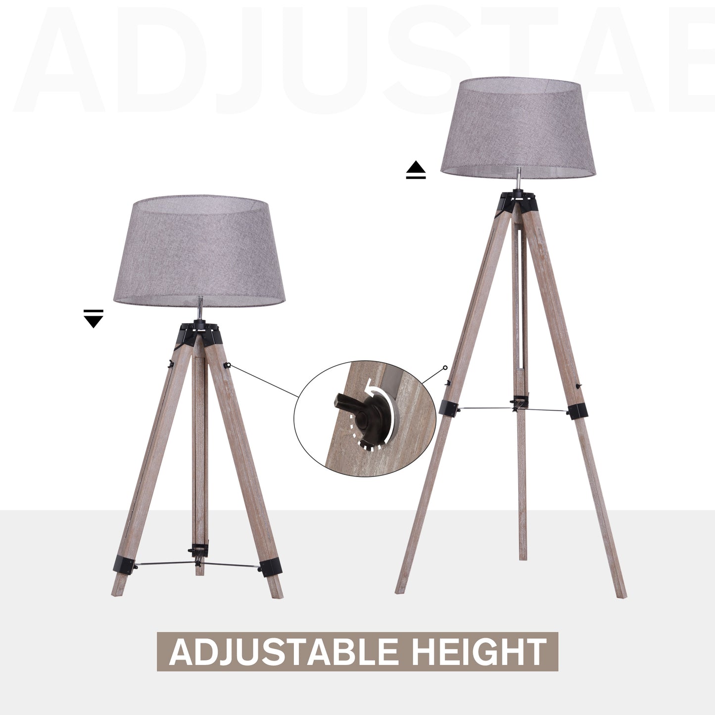 HOMCOM Wooden Adjustable Tripod Free Standing Floor Lamp  Bedside Light E27 Bulb Compatible