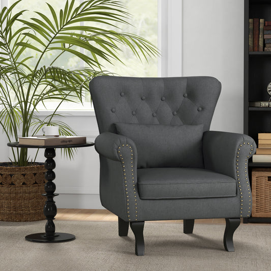 HOMCOM Chesterfield-style Accent Chair, Tufted Wingback Armchair with Pillow, Naihead Trim for Living Room, Bedroom, Dark Grey