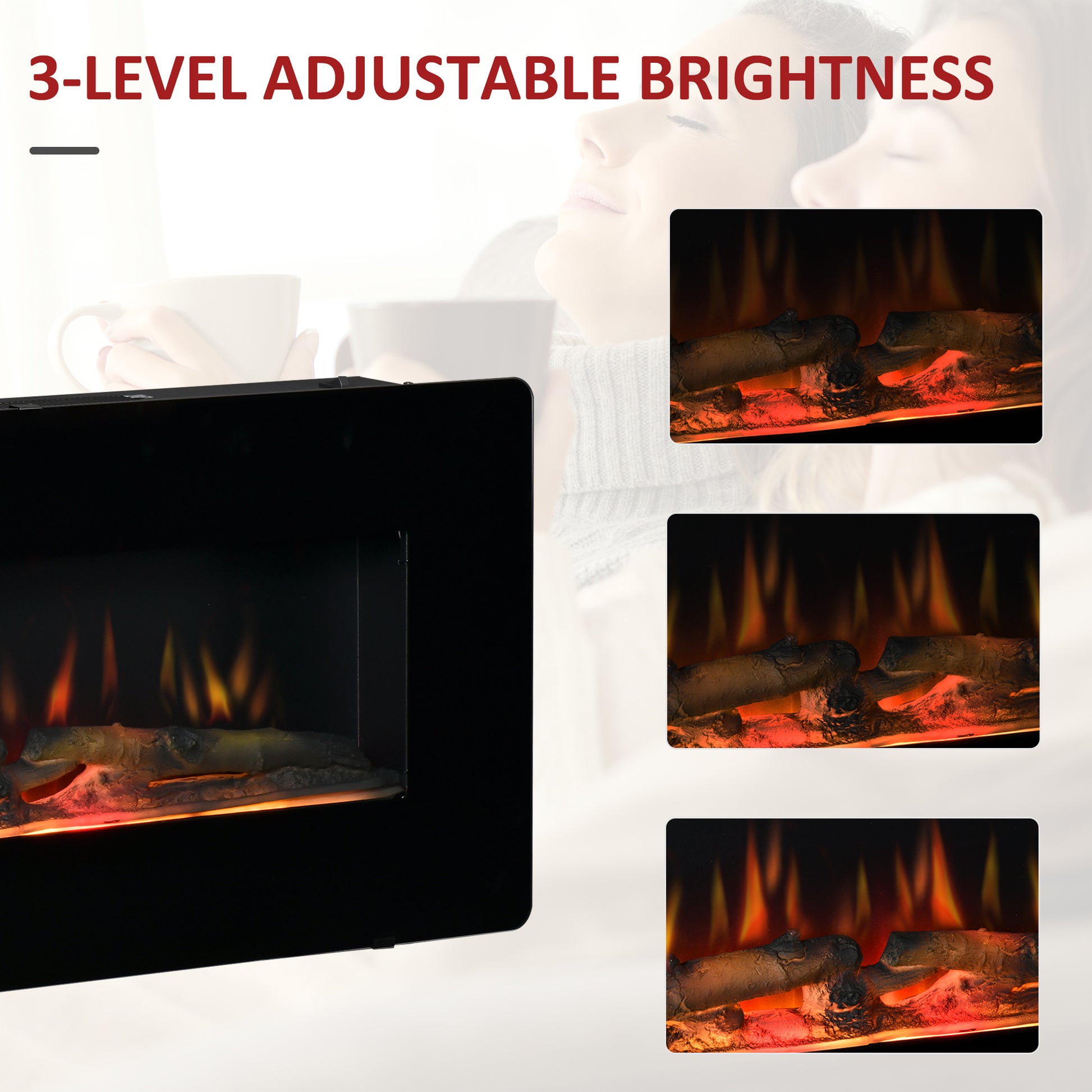 HOMCOM Electric Wall-Mounted Fireplace Heater with Adjustable Flame Effect, Remote Control, Timer, 1800/2000W, Black