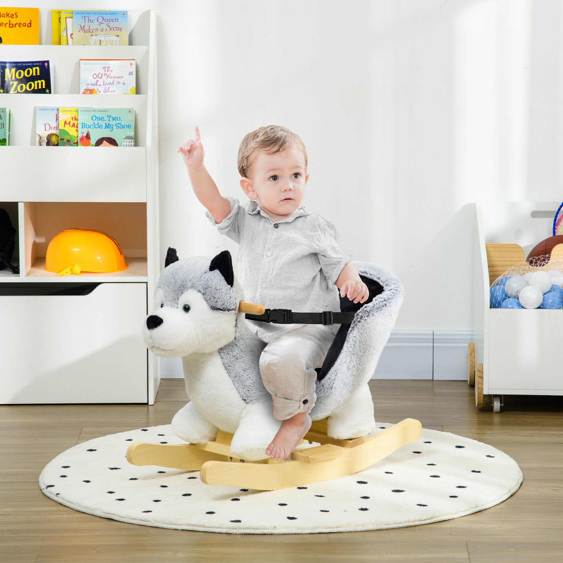 HOMCOM Baby Rocking Horse, Husky-shaped Plush Wooden Child Rocking Animal w/ Seat Belt, Ride on Toy for Kids 18-36 Months, Grey