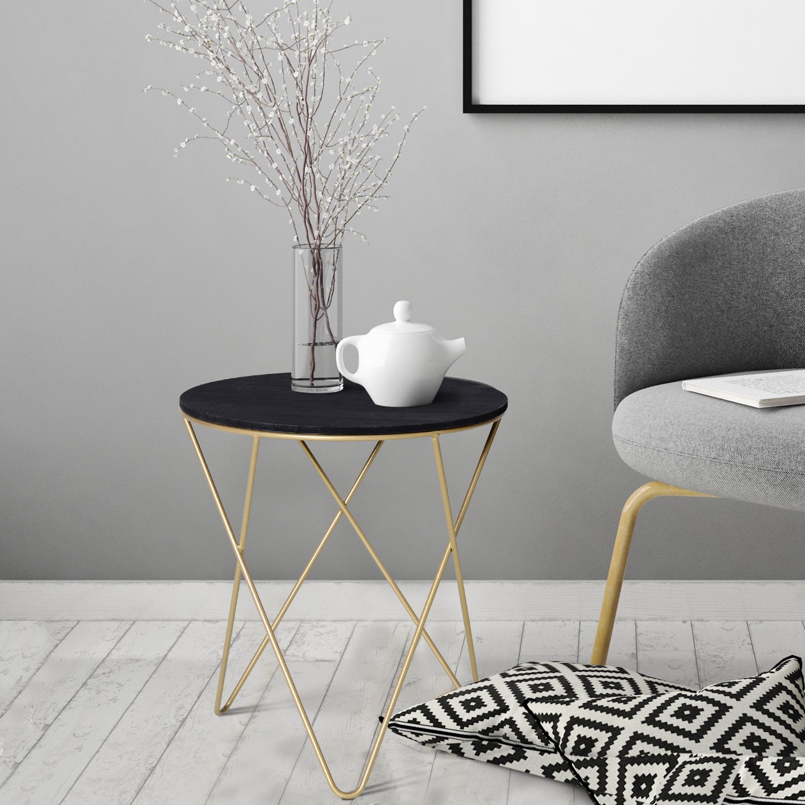 HOMCOM Wooden Metal Round Coffee Table Sofa End Side Bedside Table Modern Style Living Room Decor  - Black Gold Color (?43cm)