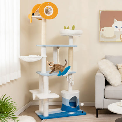 Ocean-themed Cat Tree Tower with Sisal Covered Scratching Posts-Blue