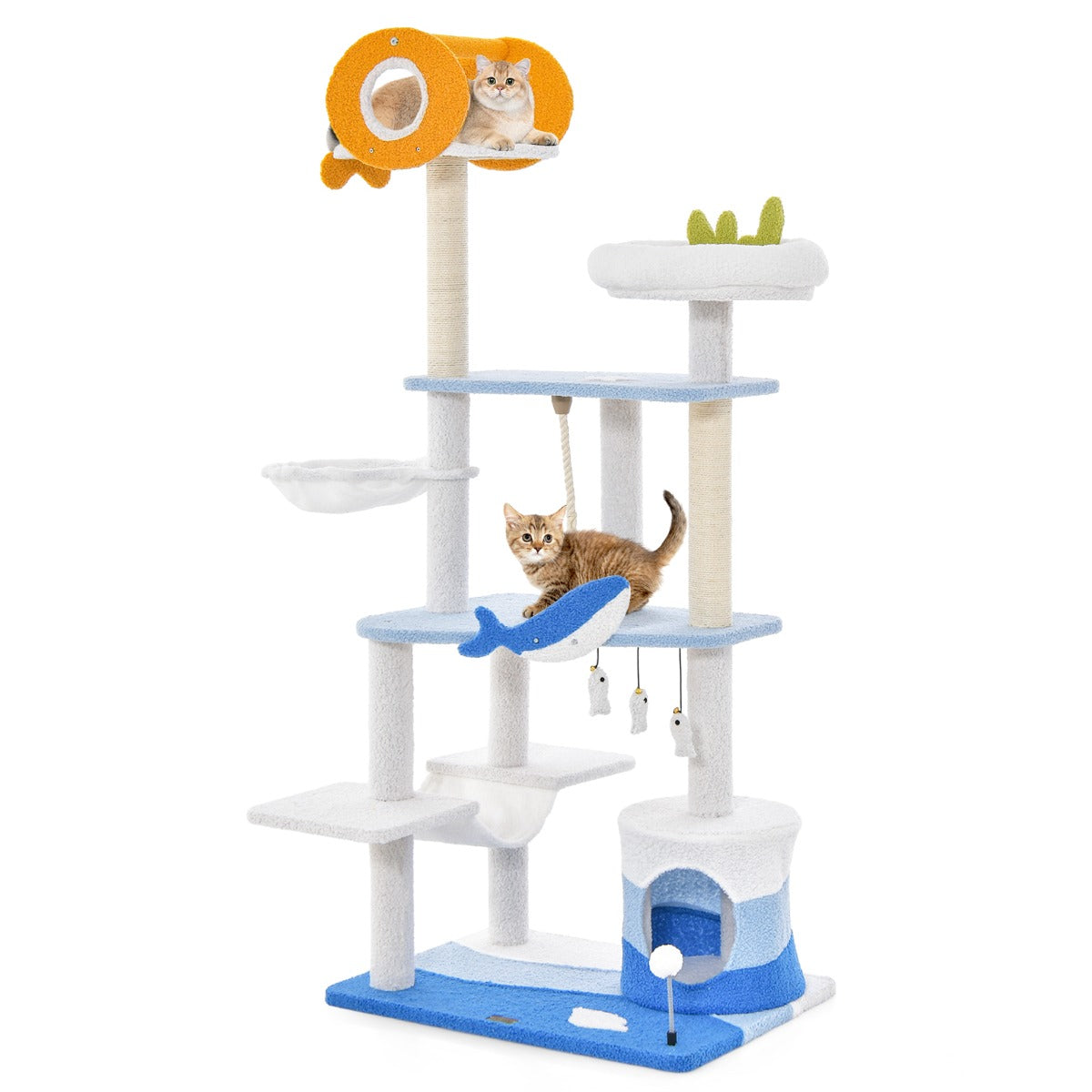 Ocean-themed Cat Tree Tower with Sisal Covered Scratching Posts-Blue