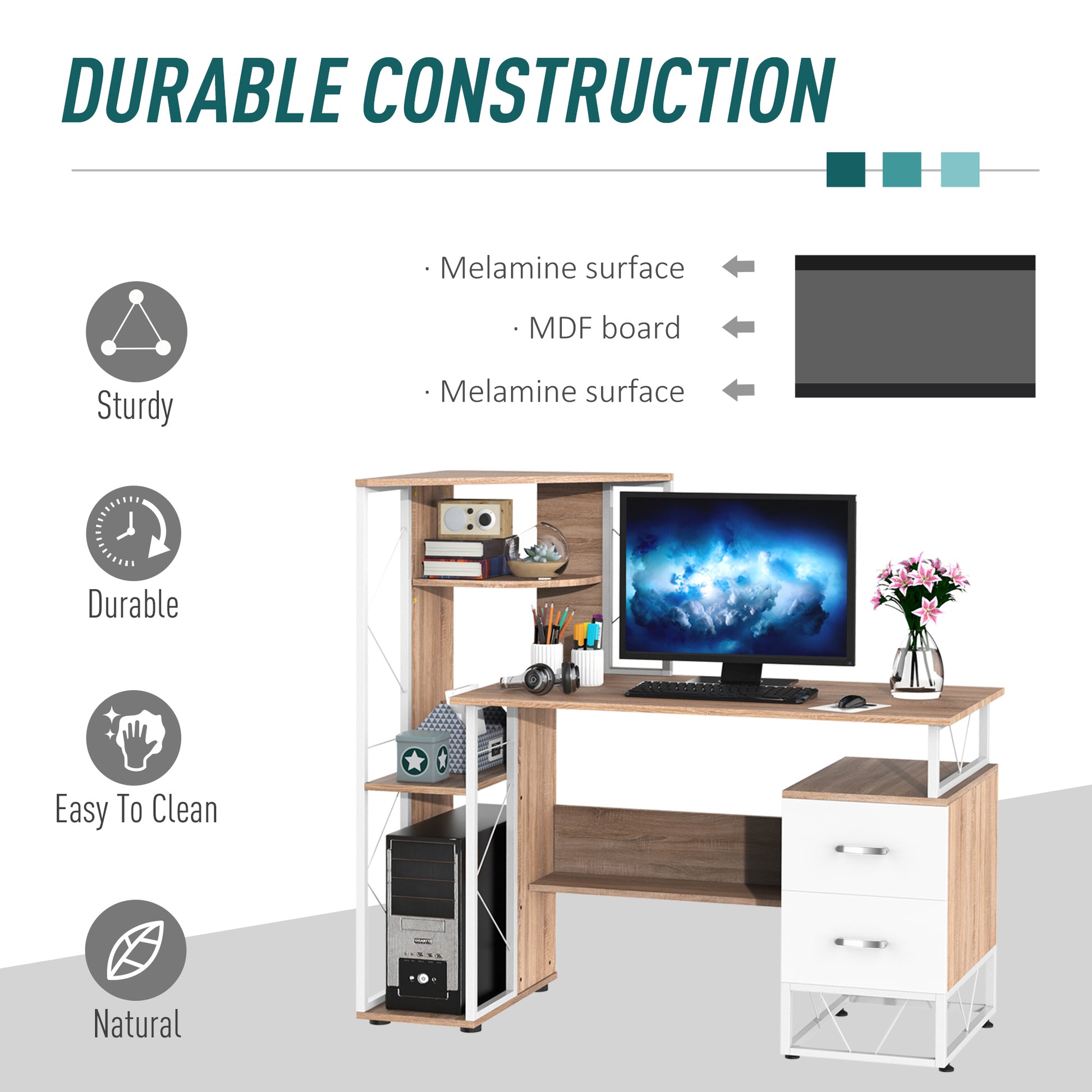 HOMCOM Computer Writing Desk PC Workstation w/2 Drawers Multi-Shelves Home Office Furniture