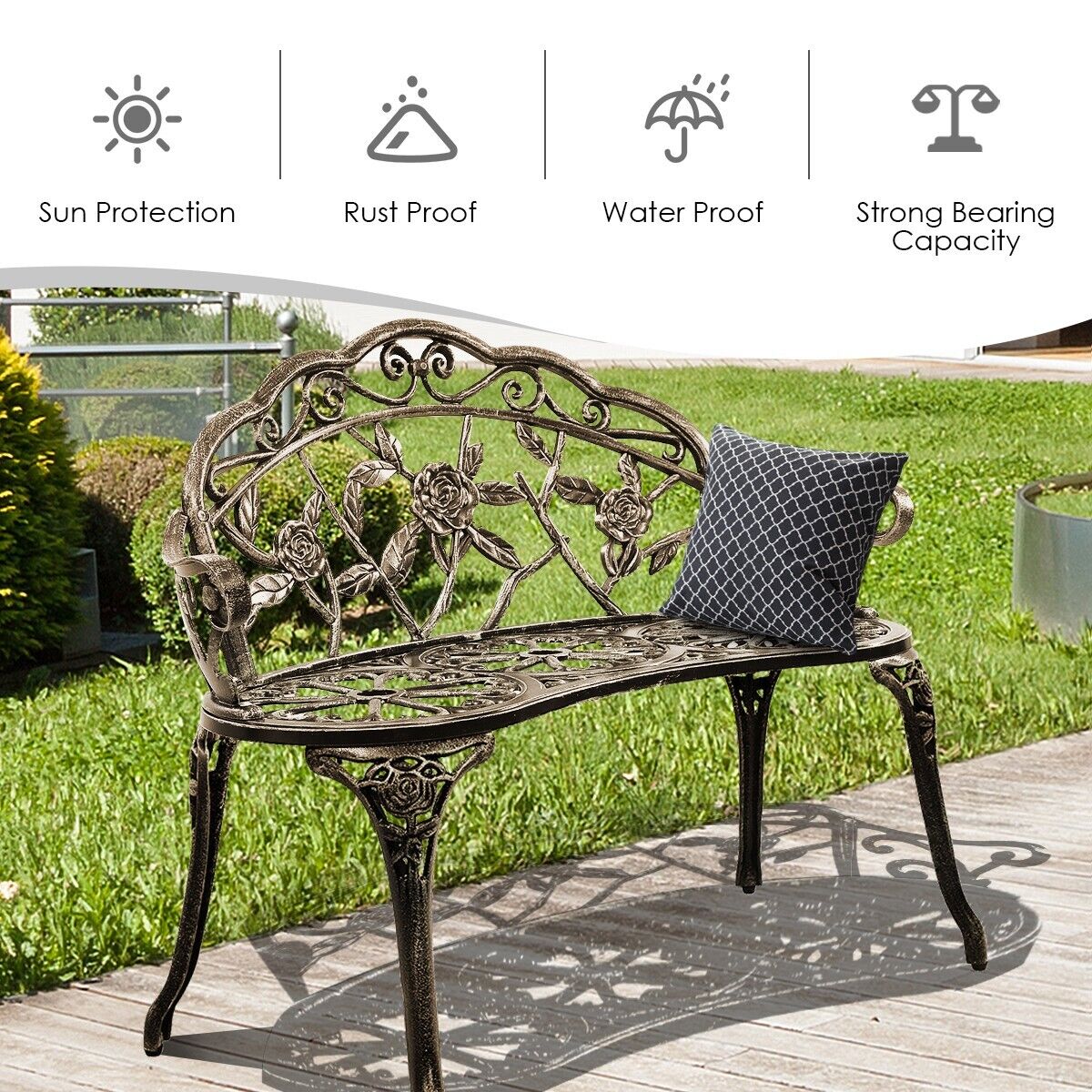 2 Seater Garden Metal Rose Bench-Bronze