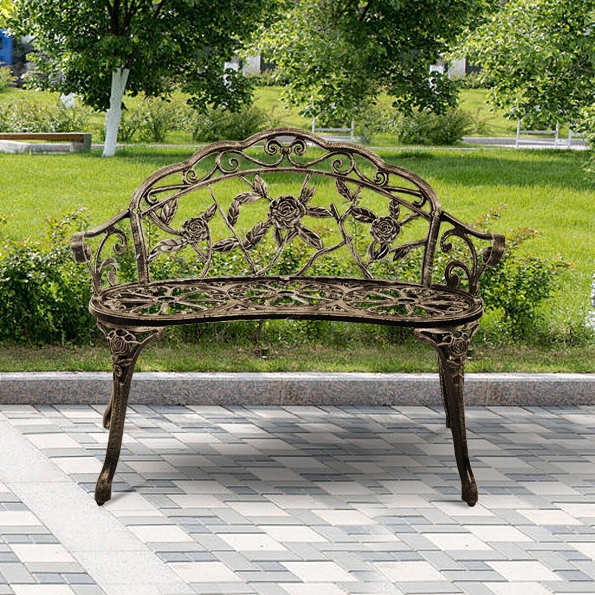 2 Seater Garden Metal Rose Bench-Bronze