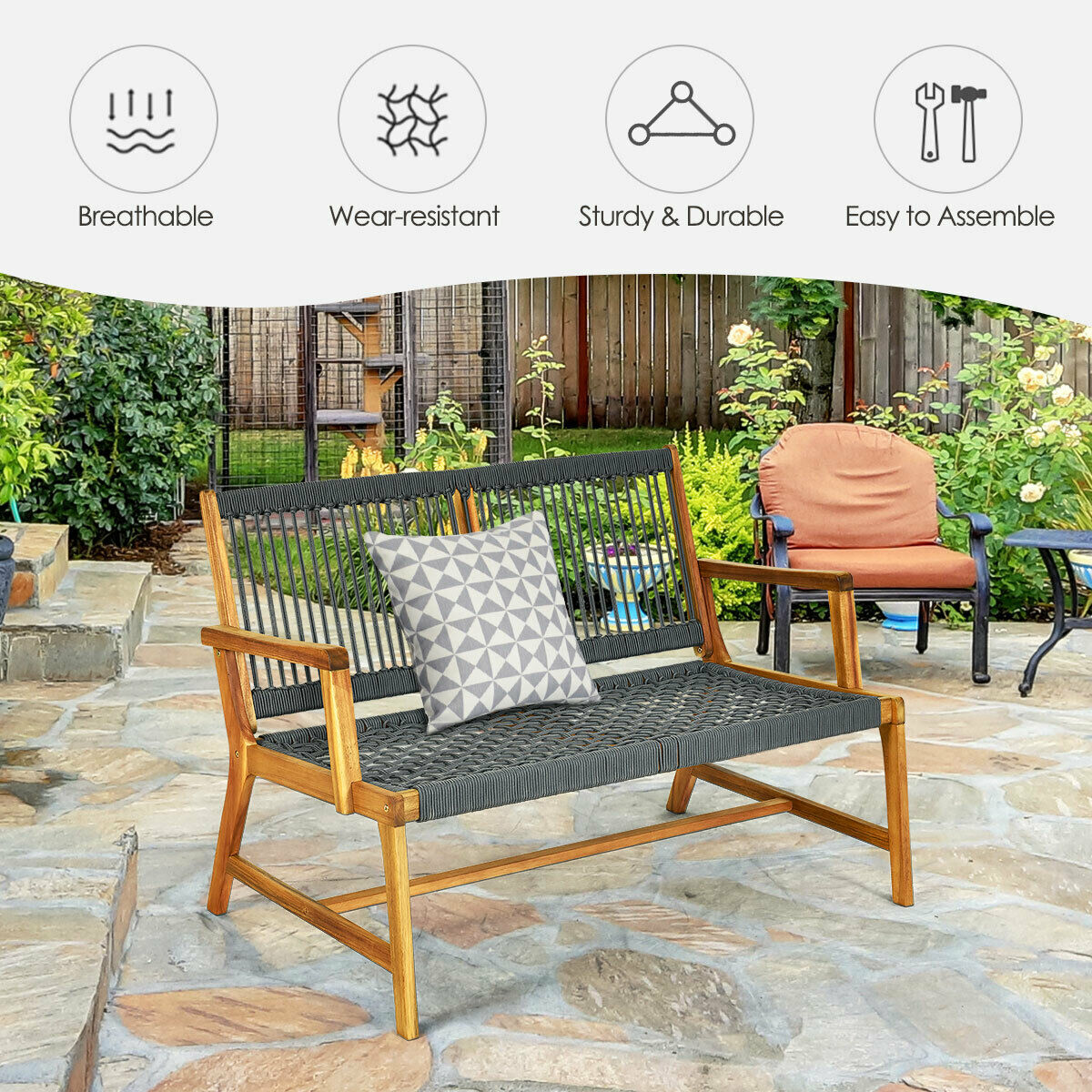 Patio Acacia Wood Bench Chair Outdoor Furniture for Garden-Grey