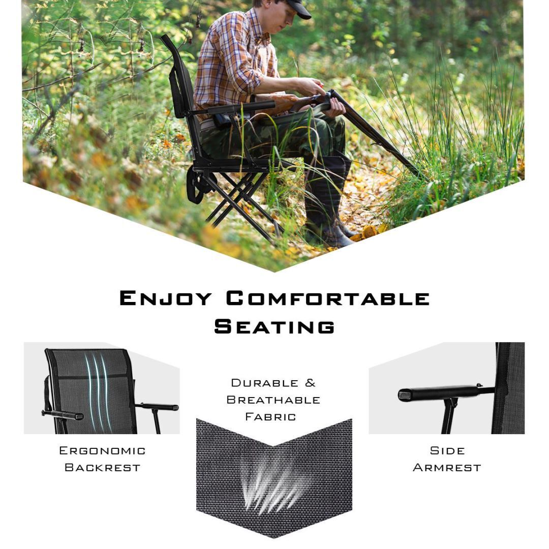 Folding 360° Swivel Hunting Chair with Armrest and Carrying Strips-Black