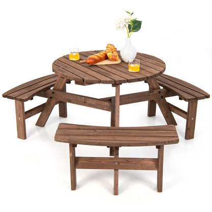 6-Person Outdoor Wooden Round Picnic Table with Built-in Benches