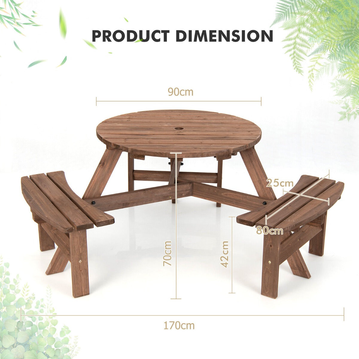 6-Person Outdoor Wooden Round Picnic Table with Built-in Benches