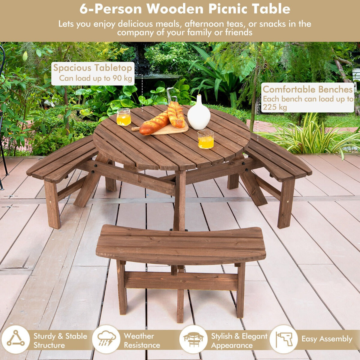 6-Person Outdoor Wooden Round Picnic Table with Built-in Benches