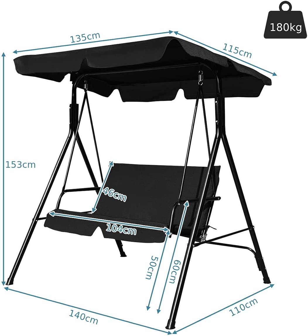 2 Seaters Garden Swing Chair with Adjustable Canopy-Black