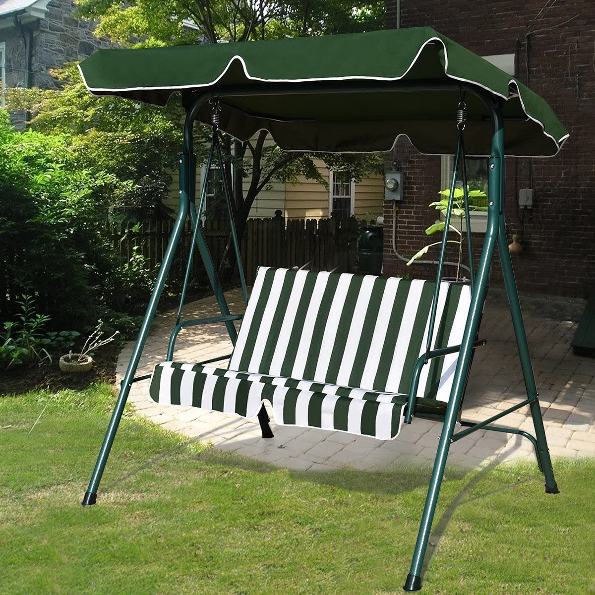 2 Seaters Garden Swing Chair with Adjustable Canopy-Green