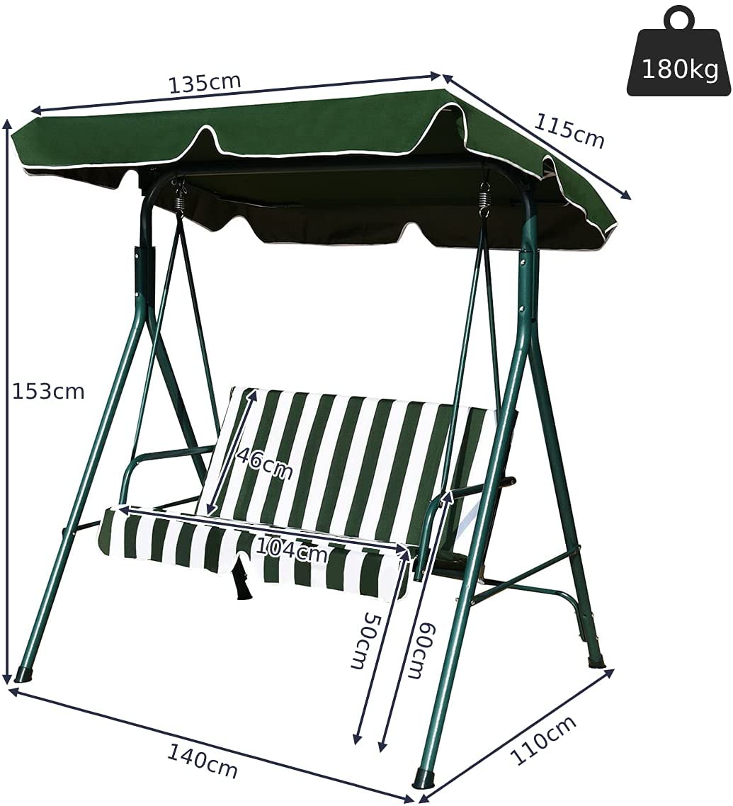 2 Seaters Garden Swing Chair with Adjustable Canopy-Green