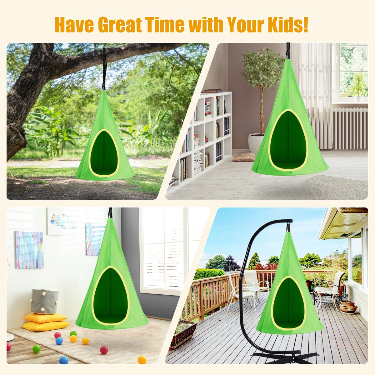 100 cm Adjustable Kids Tree Swing Tent with 2 Peep Windows-Green