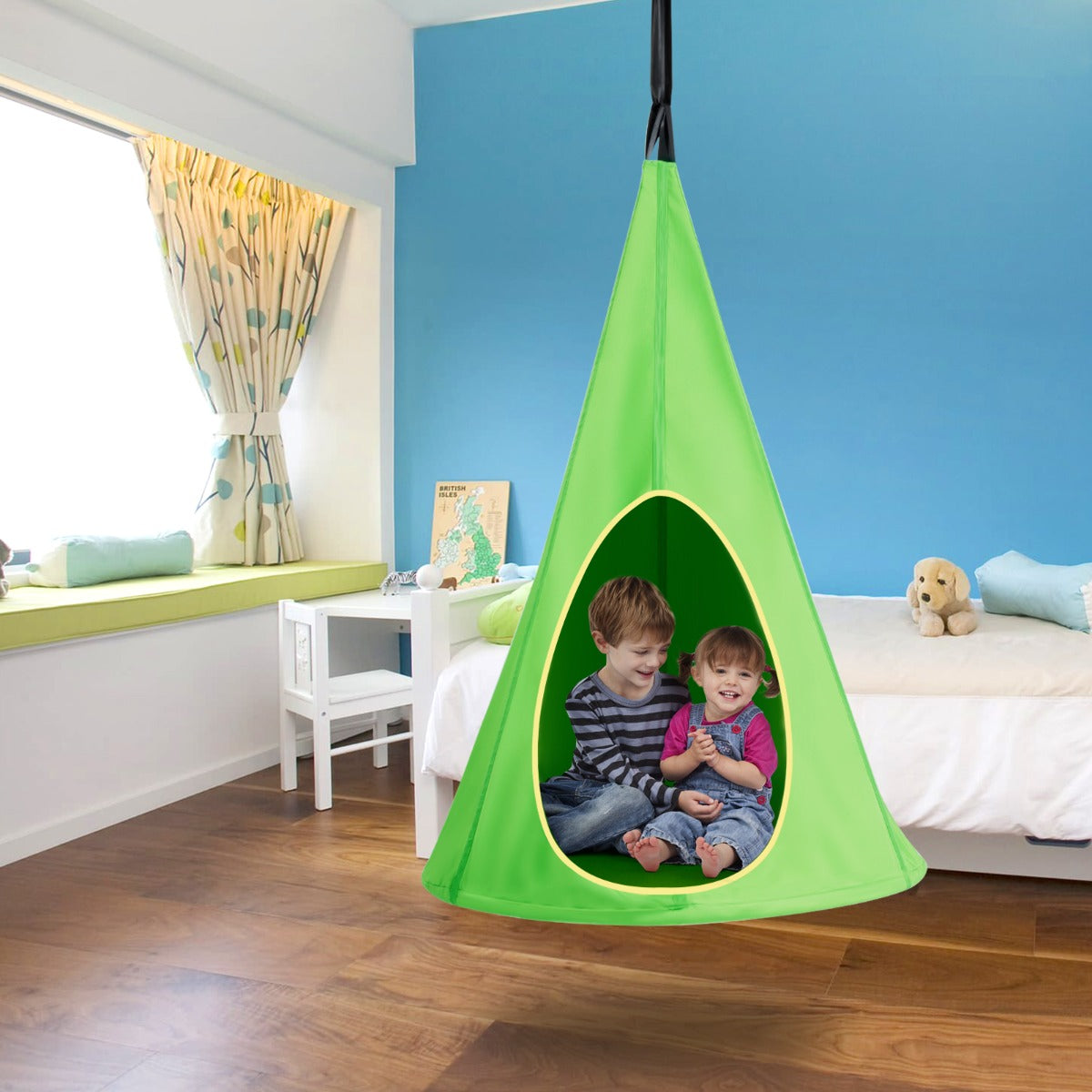 100 cm Adjustable Kids Tree Swing Tent with 2 Peep Windows-Green